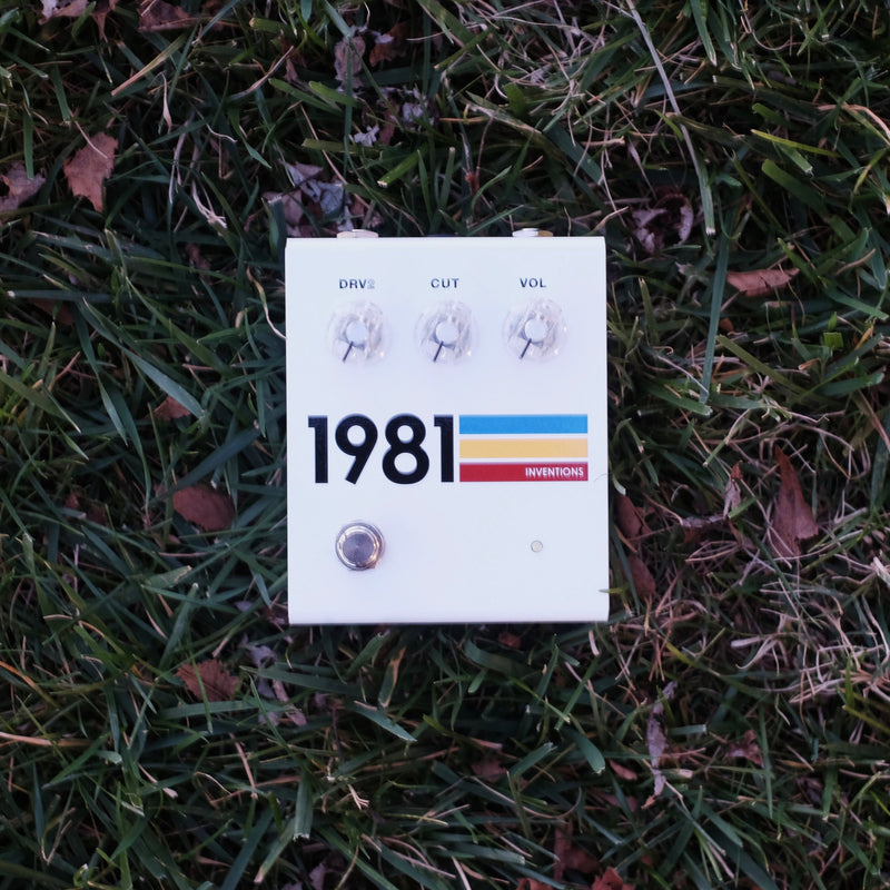 1981 Inventions DRV2 No.3 overdrive distortion guitar pedal, white with coloured stripes and clear knobs