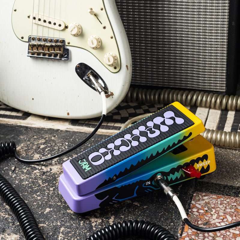 JAM Pedals Wahcko MK 2 wah pedal with a white guitar and Princeton amp
