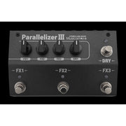 Musicomlab Parallelizer 3 stereo parallel mixer pedal, top view showing four level knobs and three footswitches