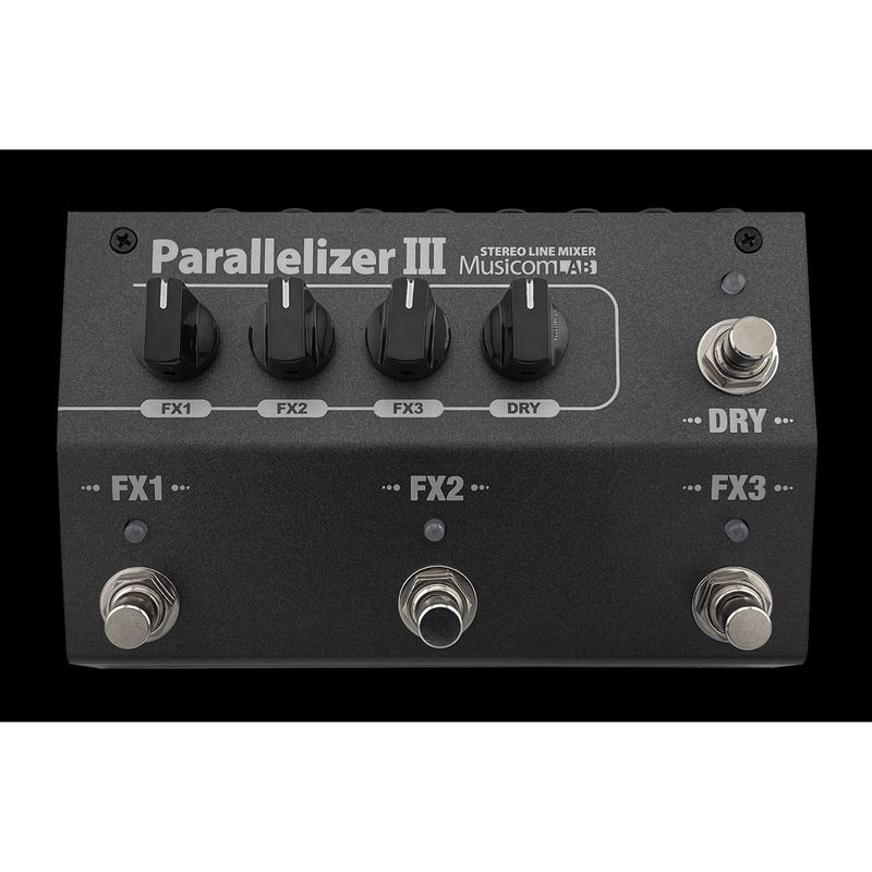 Musicomlab Parallelizer 3 stereo parallel mixer pedal, top view showing four level knobs and three footswitches