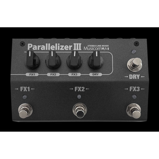 Musicomlab Parallelizer 3 stereo parallel mixer pedal, top view showing four level knobs and three footswitches