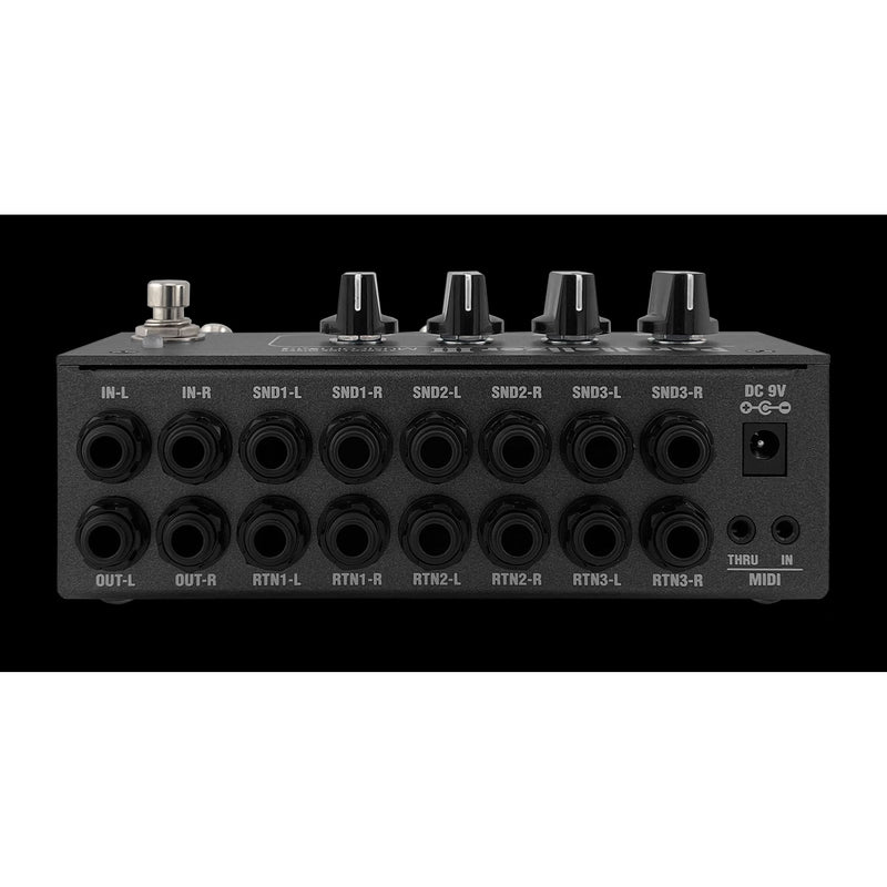 Musicomlab Parallelizer 3 rear panel with stereo input, output, send and return jacks, MIDI and 9V DC power