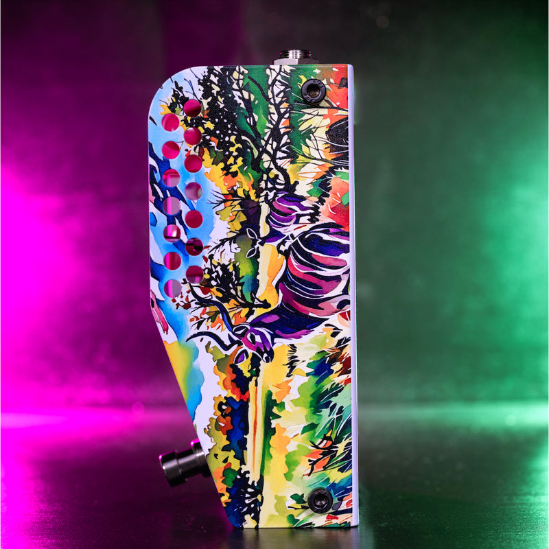 Thorpy KUDU Overdrive pedal side view showing the full hand-painted greater kudu enclosure artwork