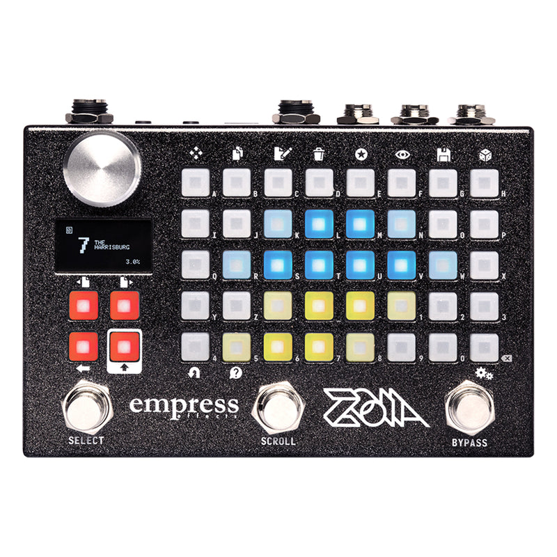 Empress Effects ZOIA modular synthesizer pedal, top view of the button grid
