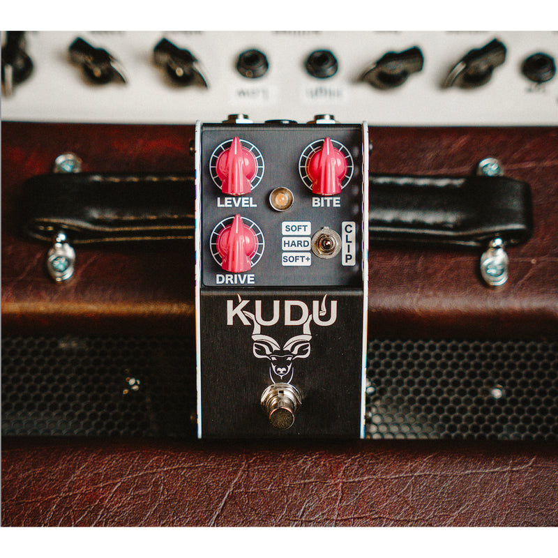 Thorpy KUDU Overdrive pedal standing on a guitar amplifier, front view