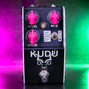 Thorpy KUDU Overdrive pedal front view showing Level, Drive, Bite controls and 3-way Clip switch