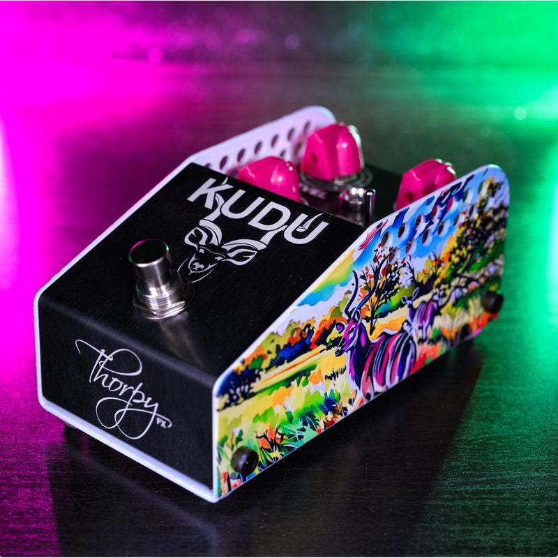 Thorpy KUDU Overdrive pedal angled left showing top panel and painted kudu artwork on the side