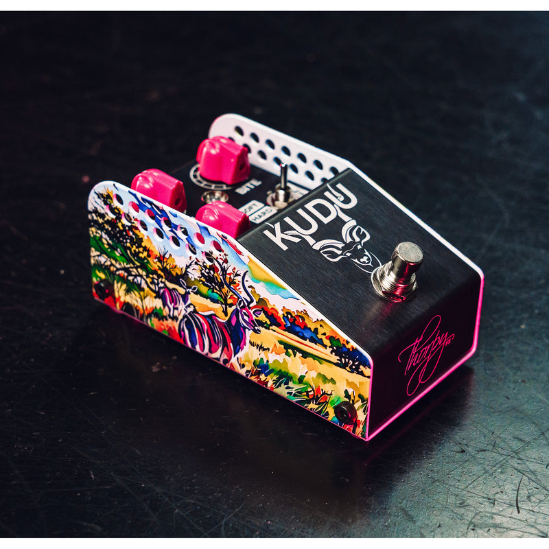 Thorpy KUDU Overdrive pedal angled right showing artwork side and Thorpy signature